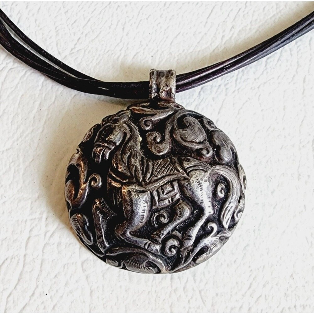 Hand Made Tibetan Silver Tone Repousse Donkey Bird Scroll  Pendant Leather Cord